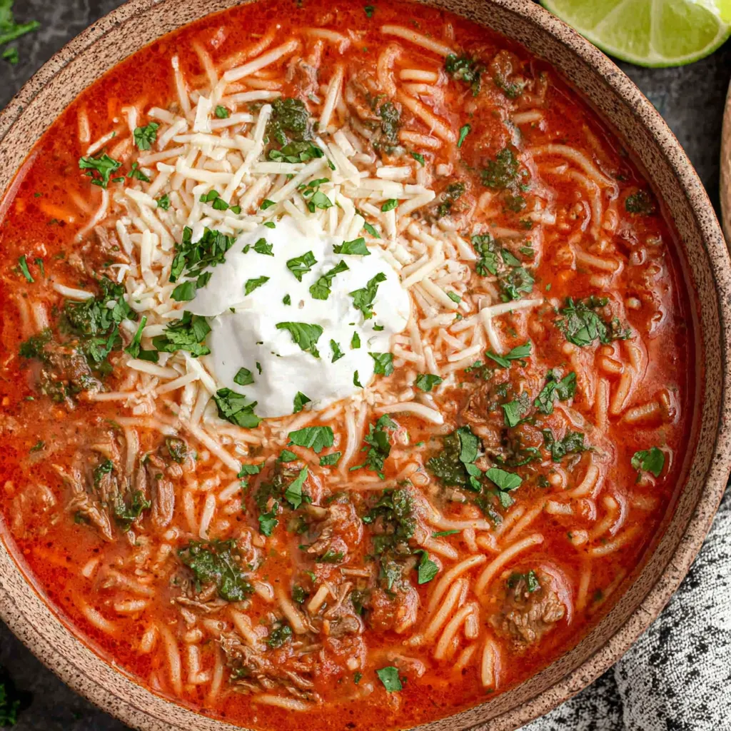 Cozy Mexican Noodle Soup, a quick and comforting meal featuring a rich broth and vibrant toppings, is shown in a featured image.