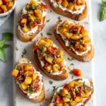 Delicious peach bruschetta with whipped ricotta is shown in a close-up featured image, highlighting the toasted bread, fresh peaches, creamy ricotta, and balsamic glaze.