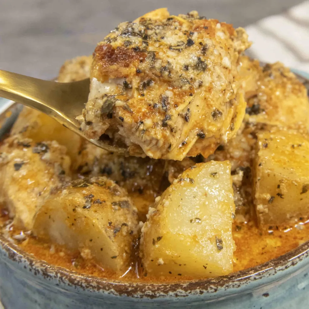 PERFECT CREAMY GARLIC PARMESAN CROCKPOT CHICKEN & POTATOES