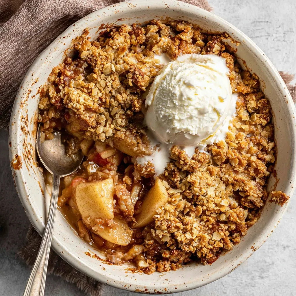 Close-up of a golden-brown apple crisp with a perfectly crunchy oat topping, showcasing the delicious texture and inviting warmth of this easy apple dessert recipe.