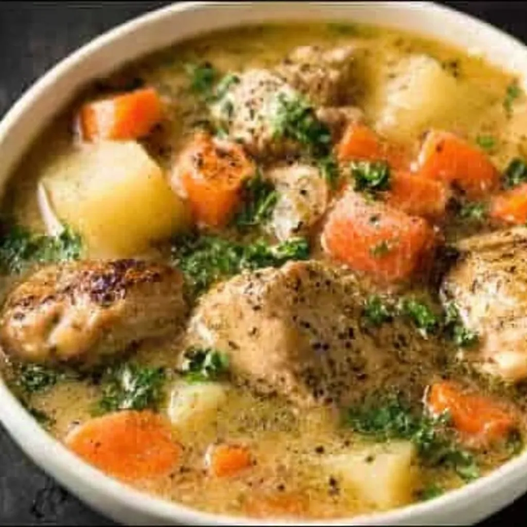 Slow Cooker Chicken Stew simmers to perfection in a delicious and hearty featured image.
