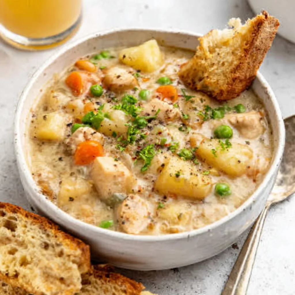 Easy slow cooker chicken stew recipe featured image showing a hearty bowl of stew with chicken, vegetables, and broth, perfect for a comforting and simple meal.