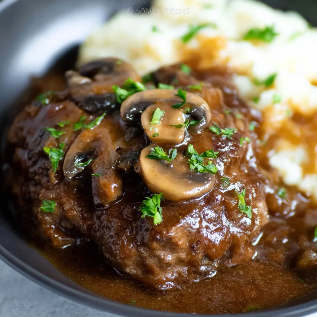 Easy slow cooker Salisbury steak simmers effortlessly in a rich gravy, promising a delicious and simple dinner.