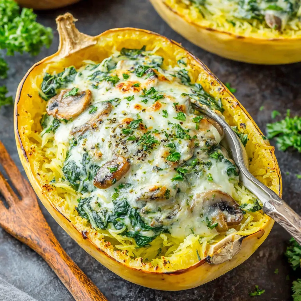 Creamy spinach mushroom stuffed spaghetti squash halves are shown with a sprinkle of herbs, illustrating the dish's inviting presentation and key ingredients.
