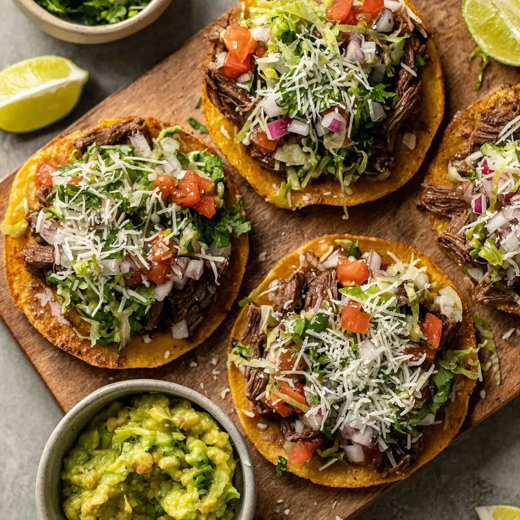 Enjoy the delicious flavors of Mexican Tostadas de Carne Asada, a tasty dish featuring grilled steak piled high on crispy tostadas with fresh toppings.