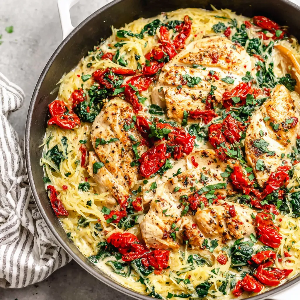 Tuscan chicken and spaghetti squash served as an easy and delicious dinner showcasing vibrant colors and textures.
