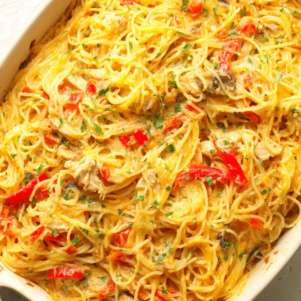 A golden-brown chicken spaghetti casserole sits freshly baked in a white ceramic dish, showcasing melted cheese, tender chicken pieces, and a creamy sauce with visible herbs and a perfectly crisp top crust.