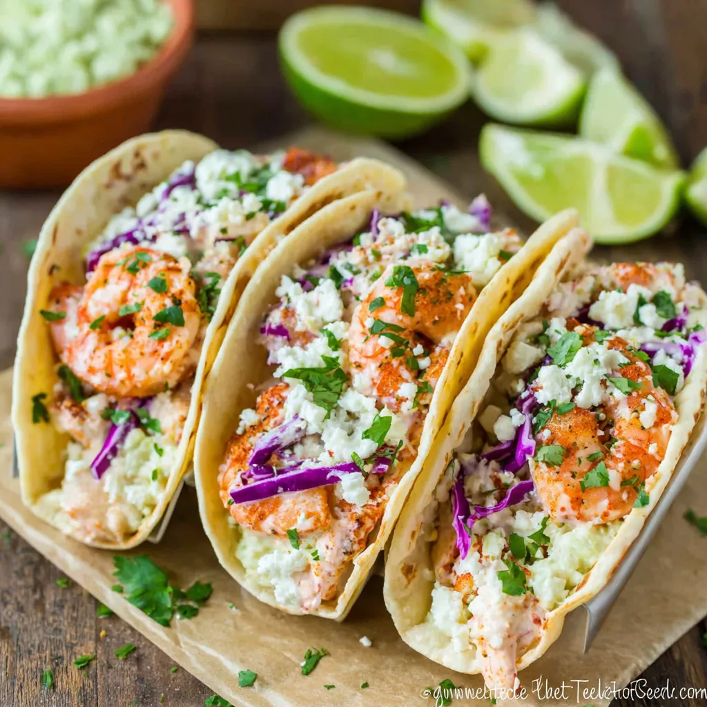 Enjoy flavorful spicy shrimp tacos, bringing the beach home with a vibrant and delicious meal.