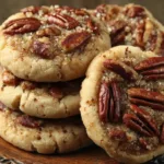 Close-up of delicious vegan pecan pie cookies, showcasing their golden-brown tops and pecan pieces, perfect for an easy and festive fall treat.