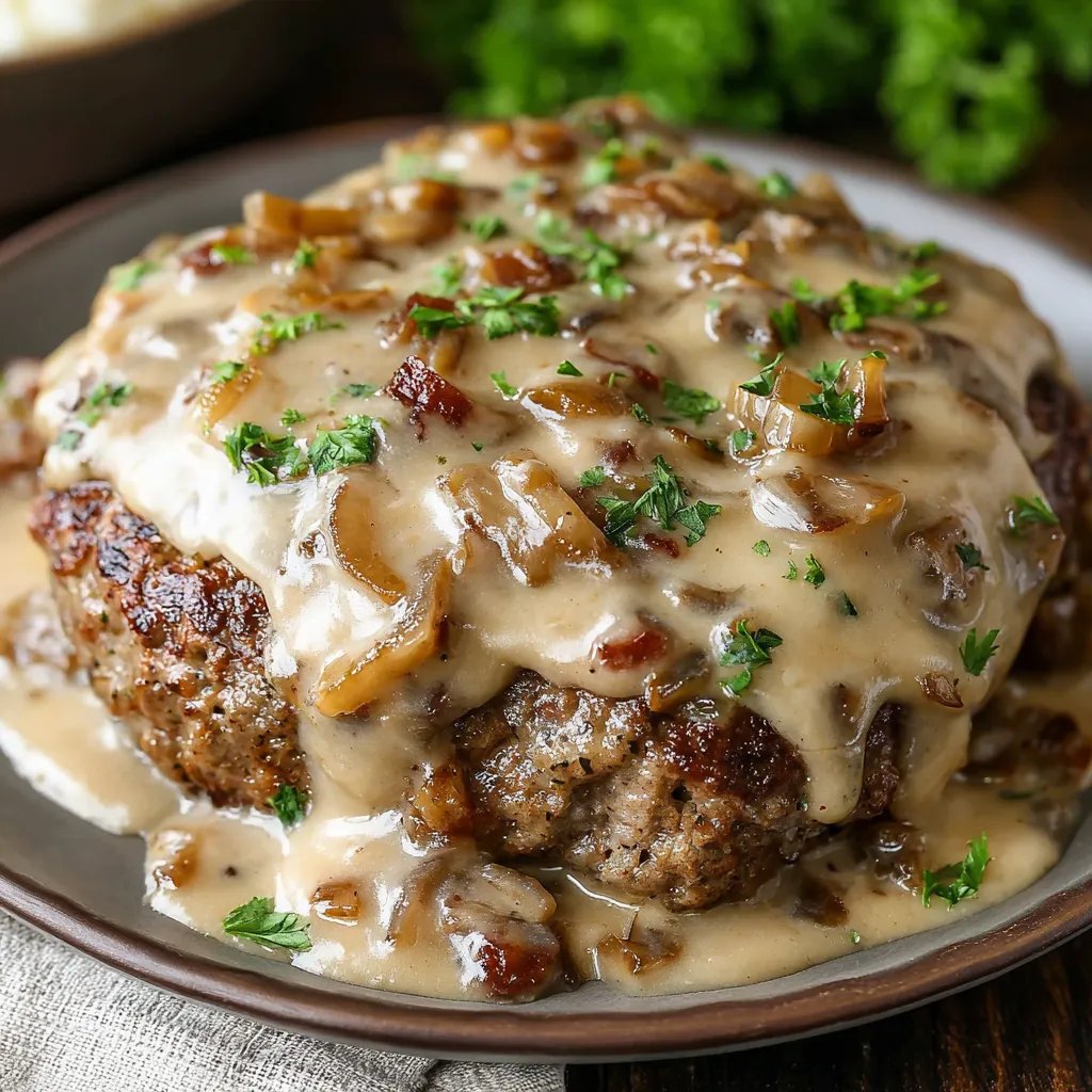 A close-up shot showcasing a delicious serving of Amish Hamburger Steak Bake.