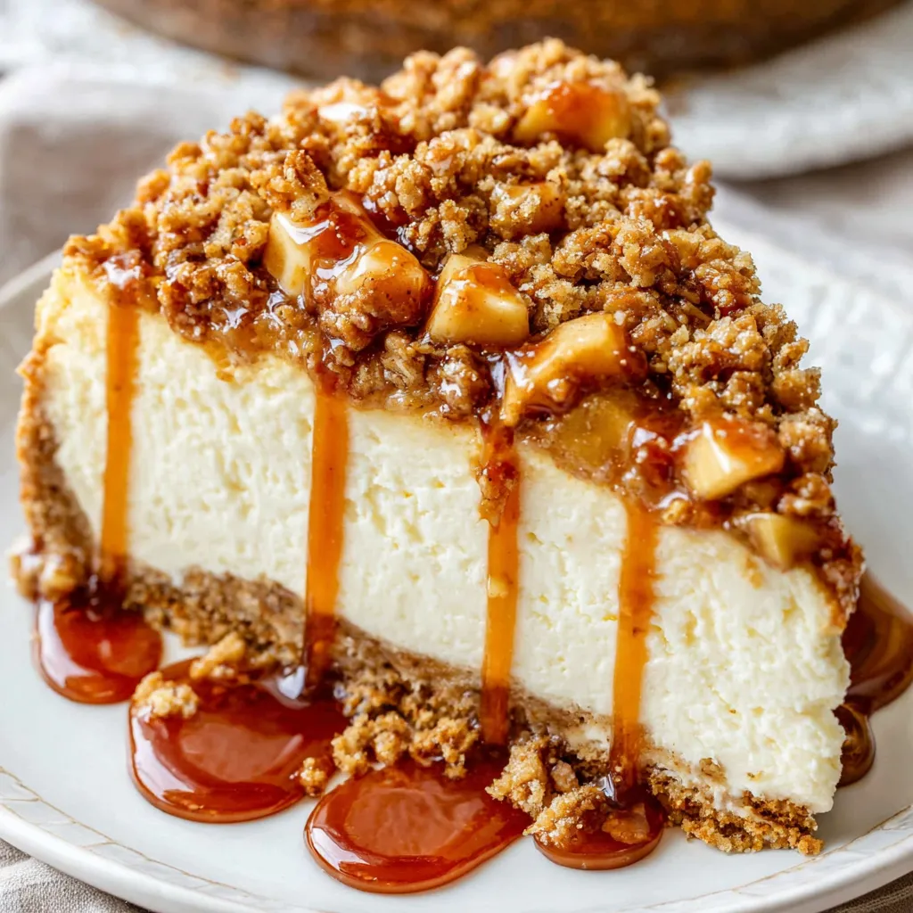 Apple Crisp Cheesecake Slice Close-up view of a slice of Apple Crisp Cheesecake, showcasing its layered texture and golden-brown topping.