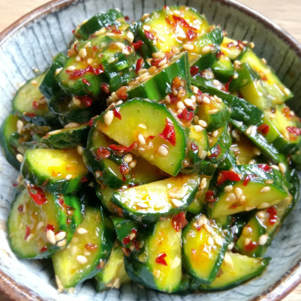 Close-up of a vibrant Asian Cucumber Salad, showcasing its fresh ingredients and appealing presentation.