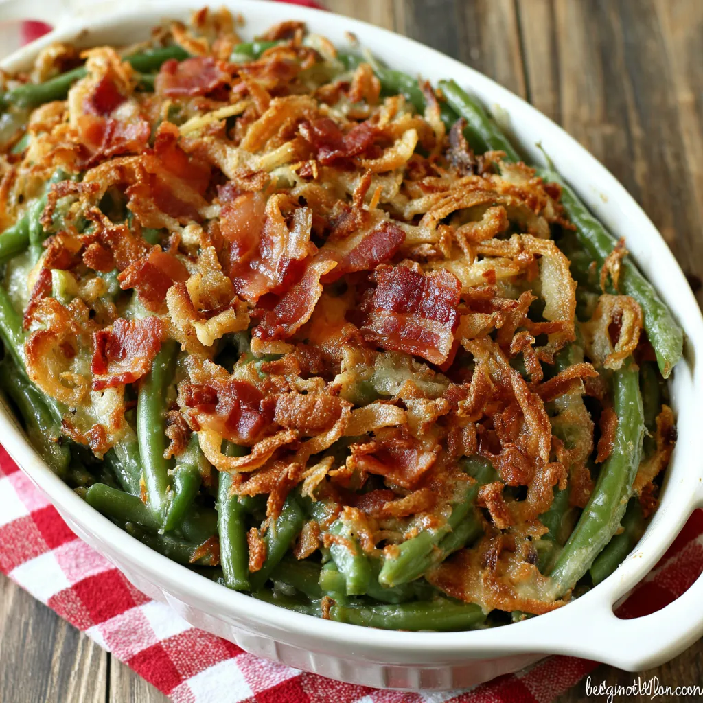 Bacon Green Bean Casserole Recipe Close-up shot of a freshly baked Bacon Green Bean Casserole, showcasing the crispy bacon topping and creamy green bean filling.