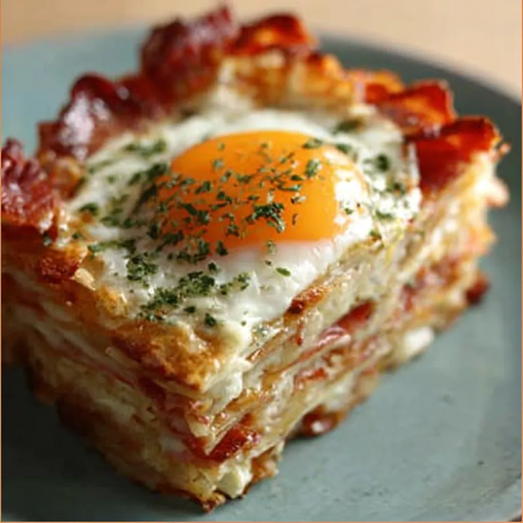 A close-up shot showcases the delicious layers of a freshly prepared Baked Eggs Napoleon dish.