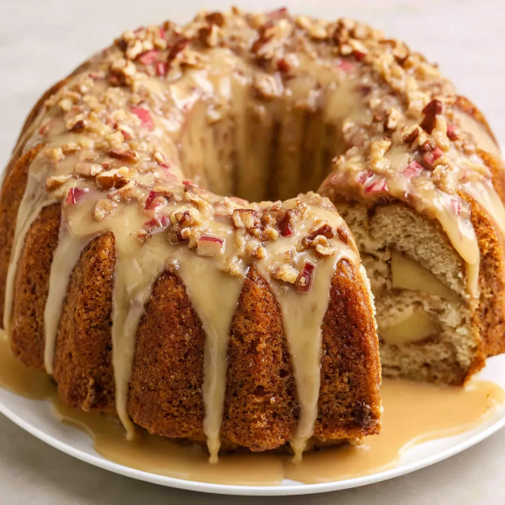 Homemade Apple Bundt Cake Recipe Close-up of a delicious Apple Bundt Cake, showcasing its moist texture and sweet glaze.