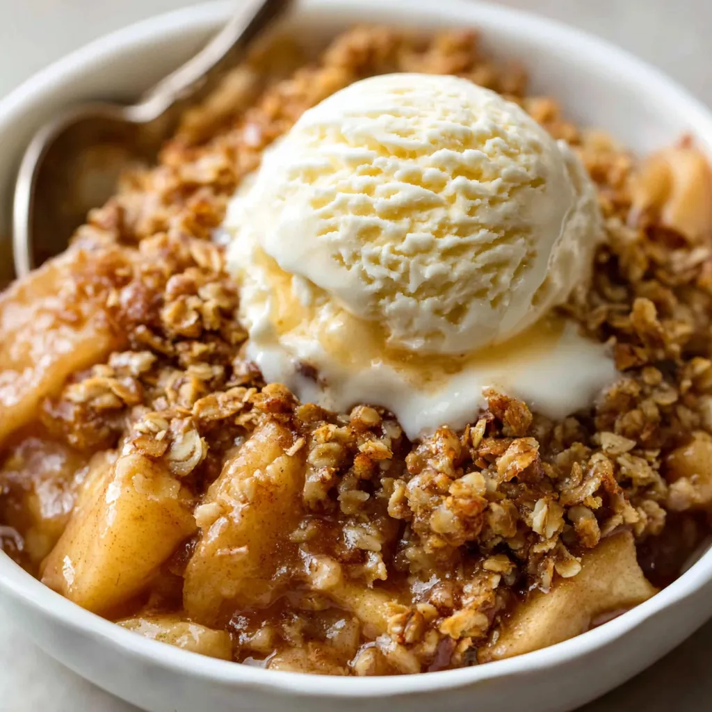 Homemade Apple Crisp Recipe Close-up shot of a freshly baked Apple Crisp with a golden brown topping, ready to be served.
