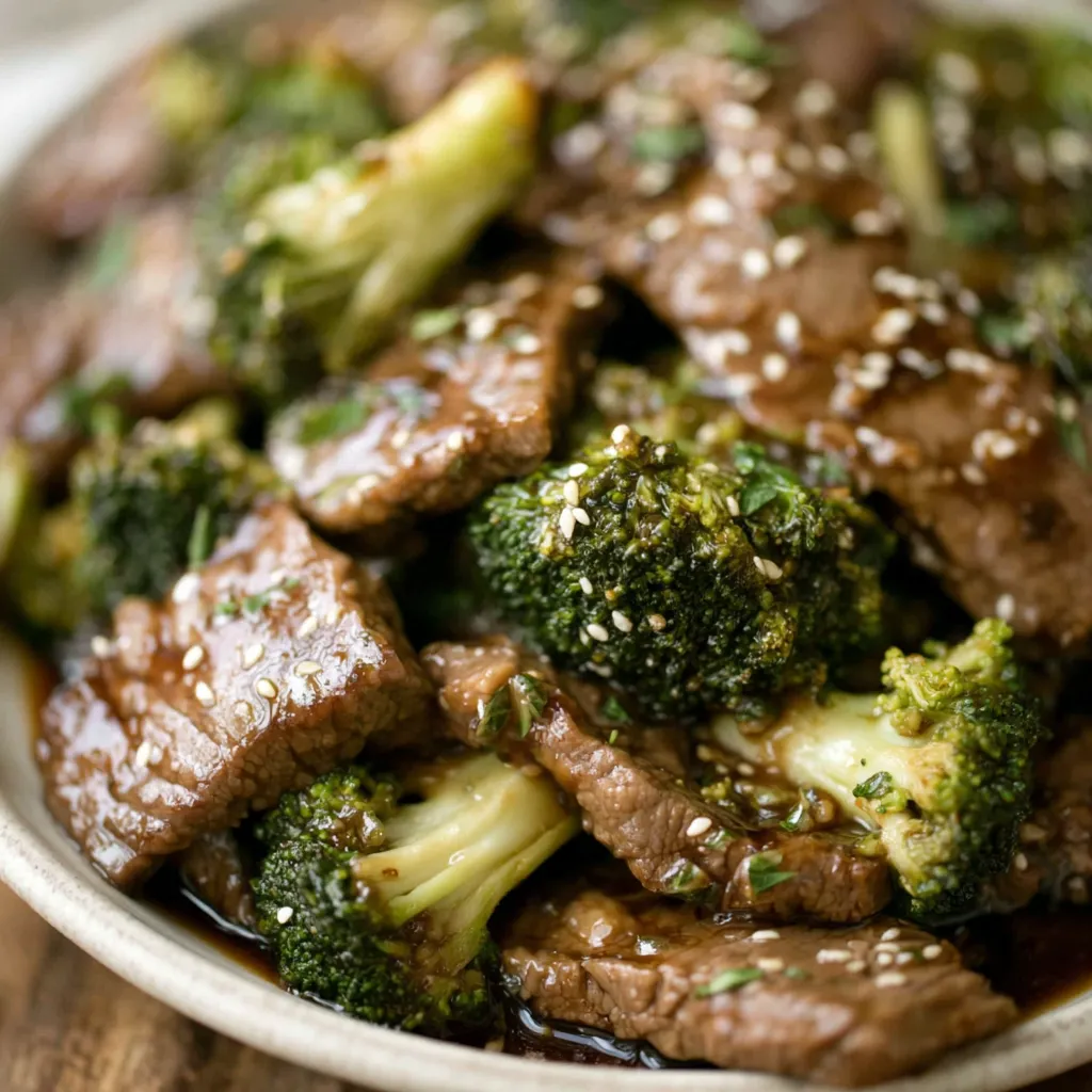 Beef and Broccoli Stir-Fry Closeup Close-up shot of delicious and freshly made Beef and Broccoli, showcasing its rich colors and textures.