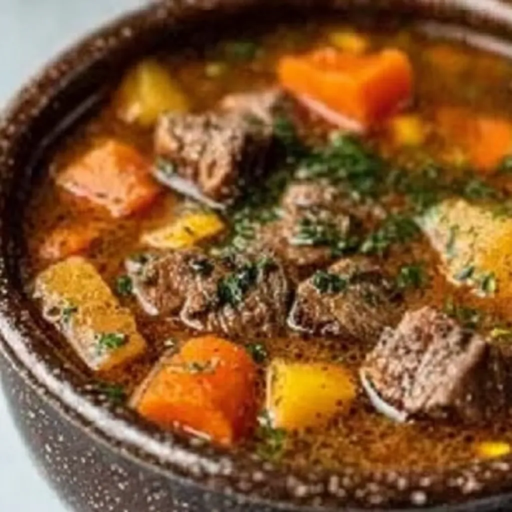 Hearty Beef Stew Recipe A close-up showcases a hearty bowl of Beef Stew, rich with vegetables and tender beef chunks.