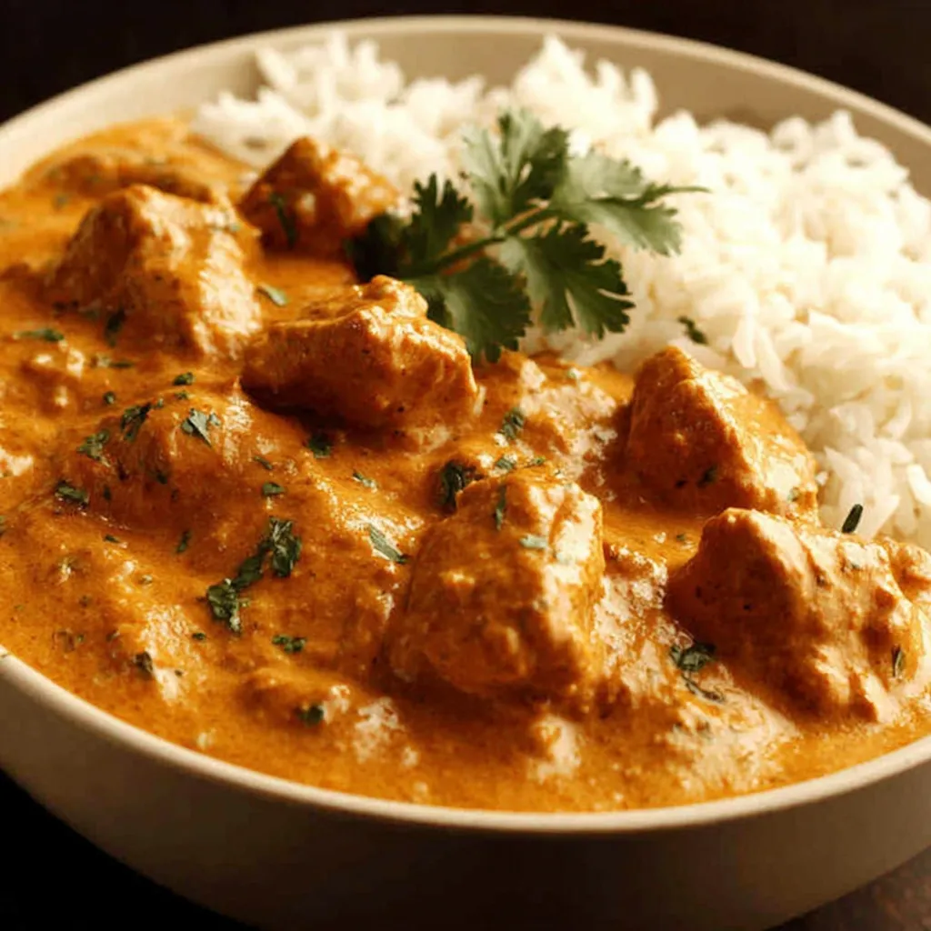 Creamy Butter Chicken Recipe A close-up shot showcases the creamy, vibrant sauce and tender chicken pieces of delicious Butter Chicken.