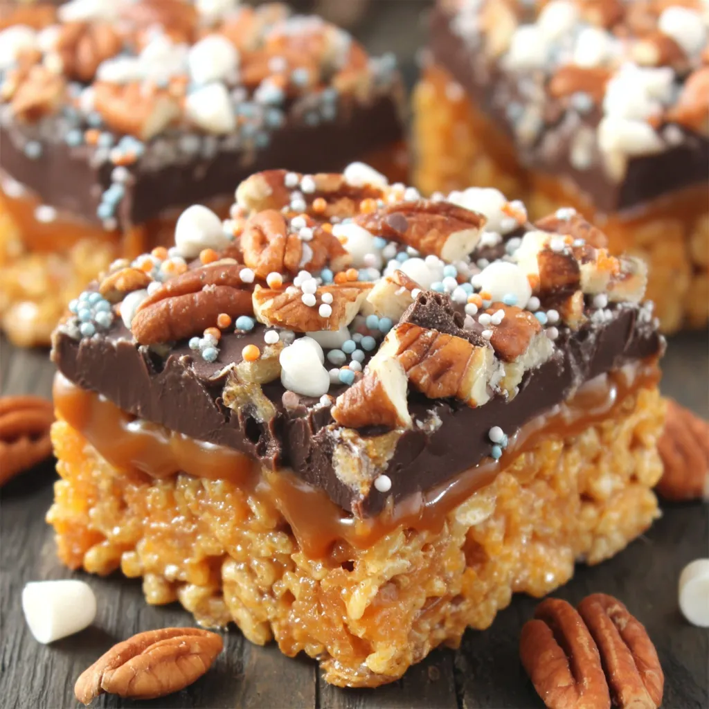 Caramel Turtle Rice Krispie Treat Close-up view of gooey Caramel Turtle Rice Krispie Treats showcasing the caramel, chocolate, pecans, and puffed rice cereal.