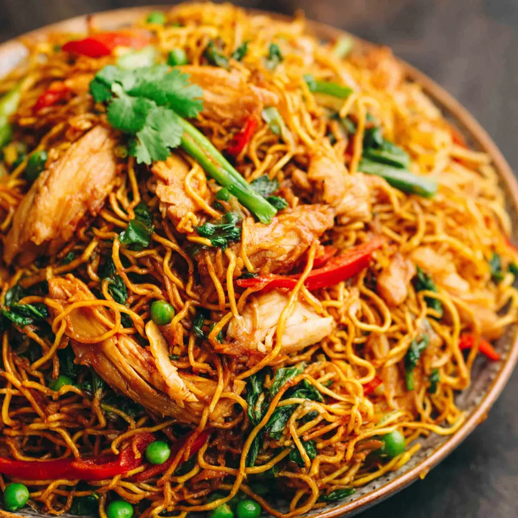 Chicken Chow Mein Close Up A close-up shot showcases a delicious plate of freshly made Chicken Chow Mein ready to be served.