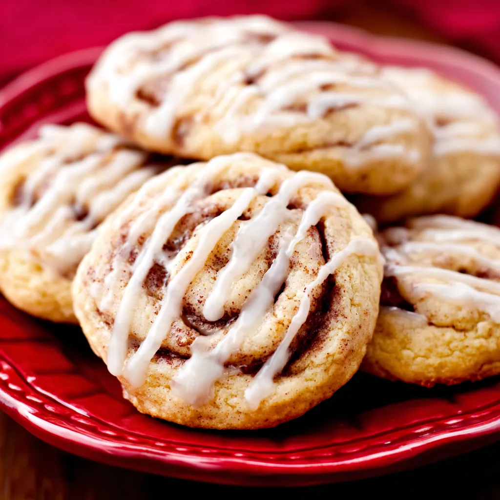 Close-up view of freshly baked Cinnamon Roll Cookies, showcasing their swirl pattern and sugary glaze.