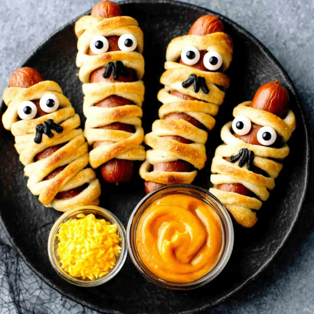 A close-up shows delicious Crescent Mummy Dogs arranged on a plate, ready to be enjoyed.