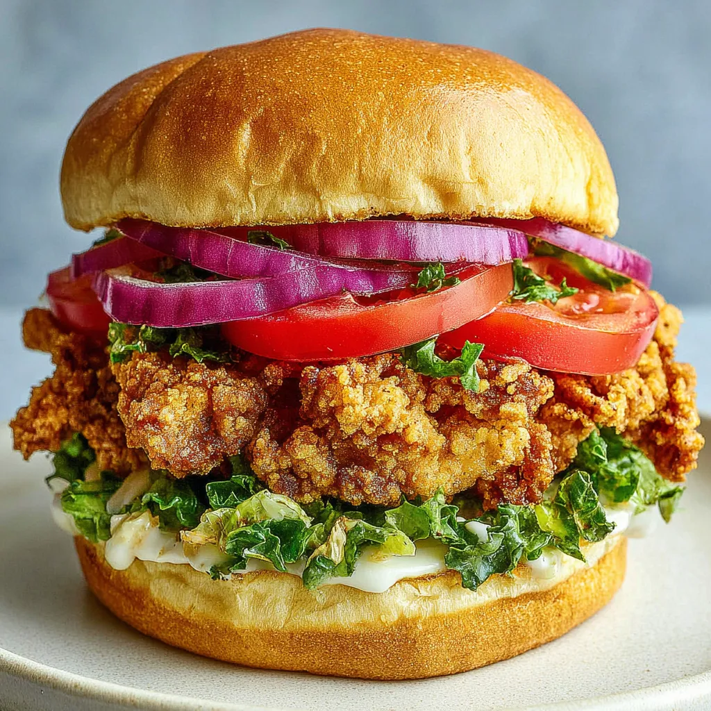 Close-up of a delicious Crispy Chicken Caesar Sandwich, showcasing the juicy chicken and creamy dressing.