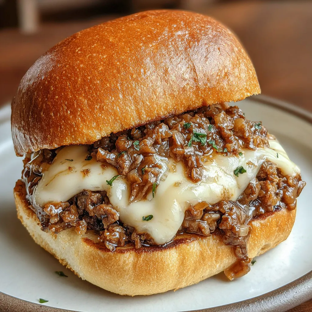 French Onion Sloppy Joe Recipe Close-up of saucy French Onion Beef Sloppy Joes piled high on toasted buns, showcasing the melted cheese and caramelized onions.