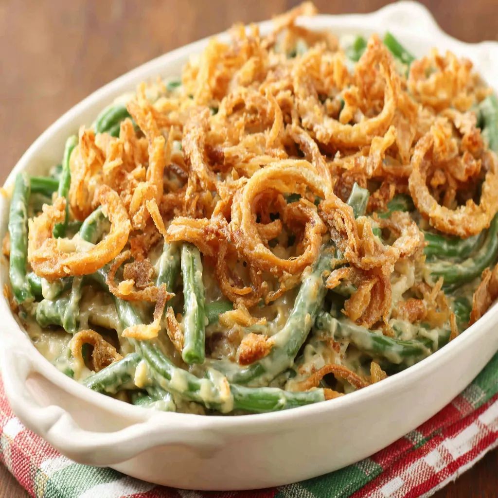 A close-up shows a freshly baked Green Bean Casserole with a golden-brown, crispy fried onion topping.