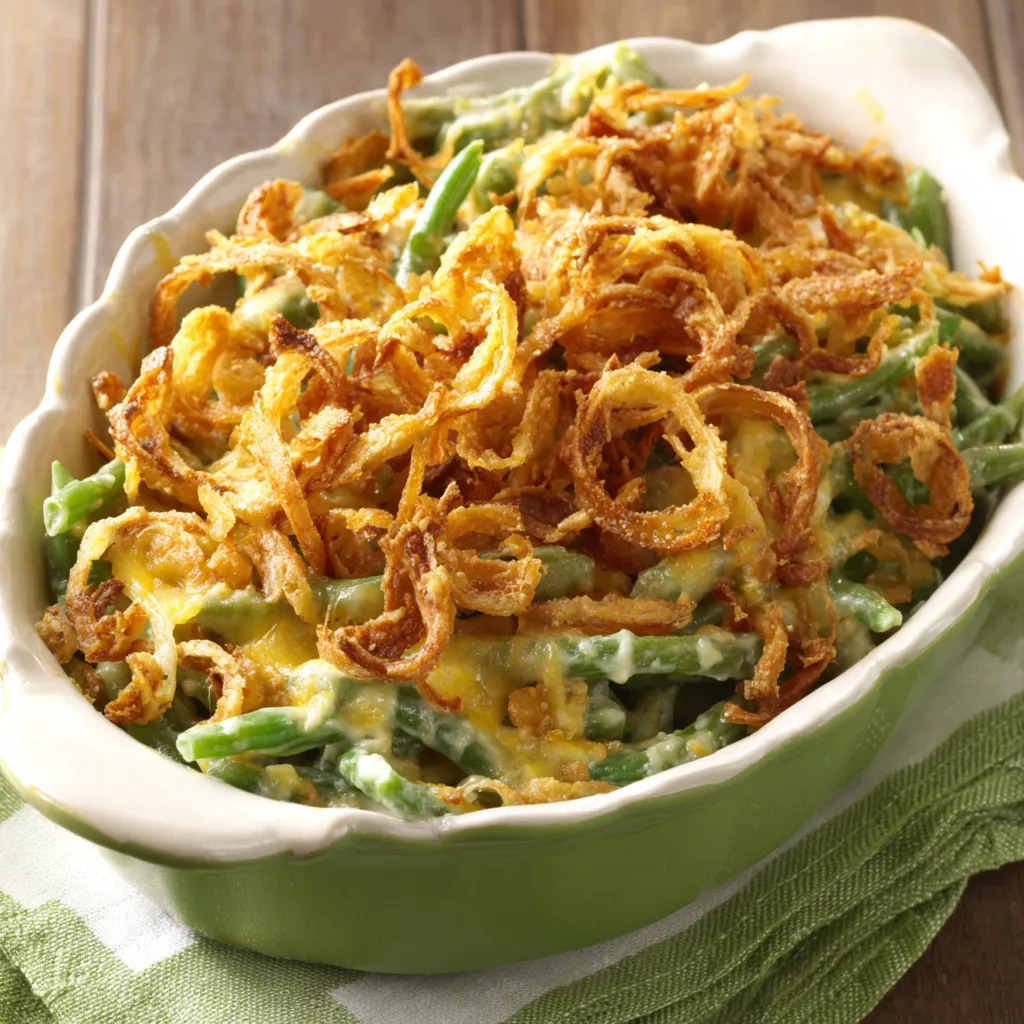 Creamy Green Bean Casserole Recipe A close-up view of a freshly baked Green Bean Casserole, showcasing its golden-brown topping and creamy texture.