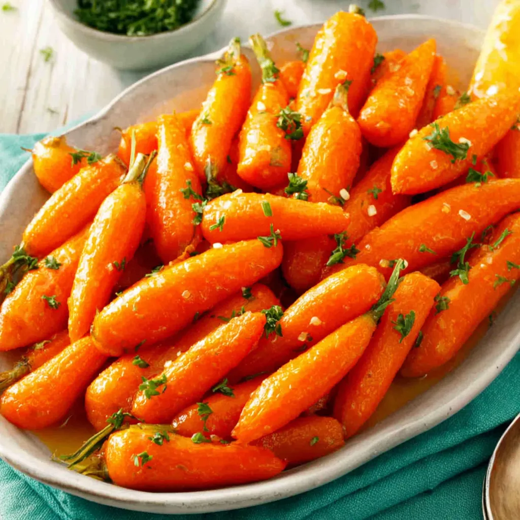 Honey Glazed Carrots Recipe Close Up Close-up of glistening Honey Glazed Carrots, showcasing their vibrant color and sticky glaze.