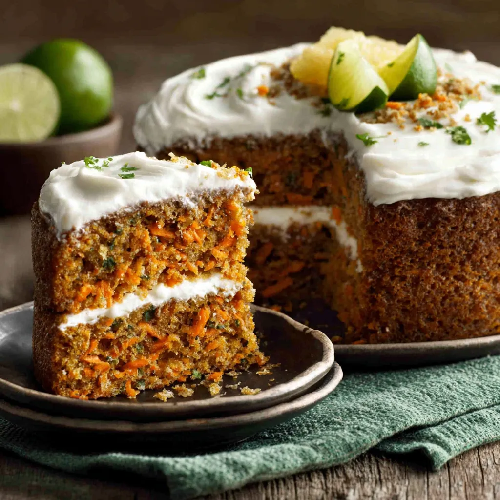 Pineapple Carrot Cake Cream Frosting Close-up of a moist and delicious slice of Pineapple Carrot Cream Cake is shown in this second content image.