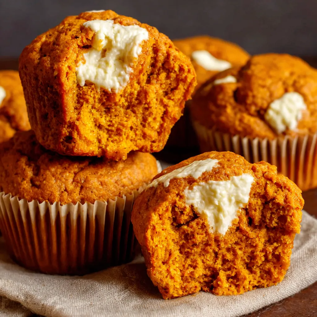 Close-up image of Pumpkin Cheesecake Muffins showing their creamy cheesecake swirl and pumpkin spice topping.