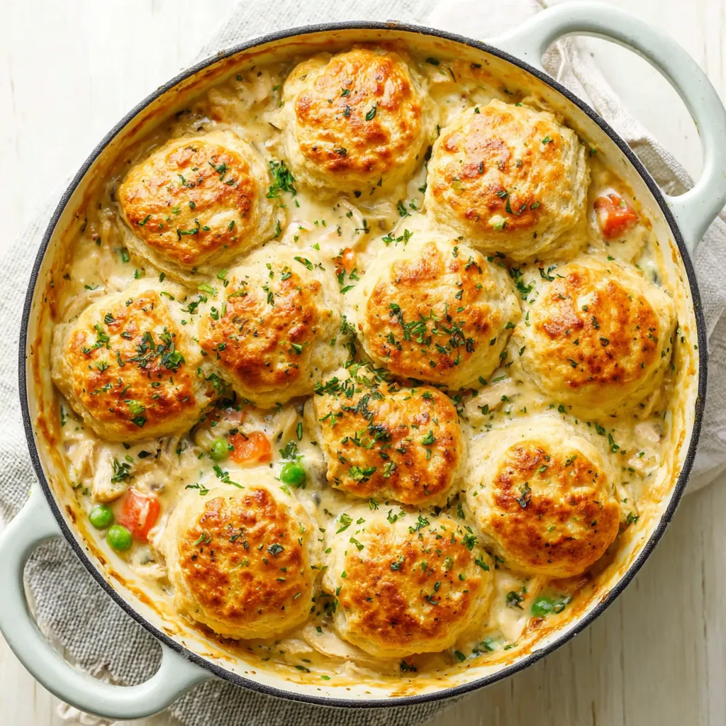 A close-up view of a creamy Red Lobster Biscuit Chicken Pot Pie, showcasing the flaky biscuit topping and savory filling.