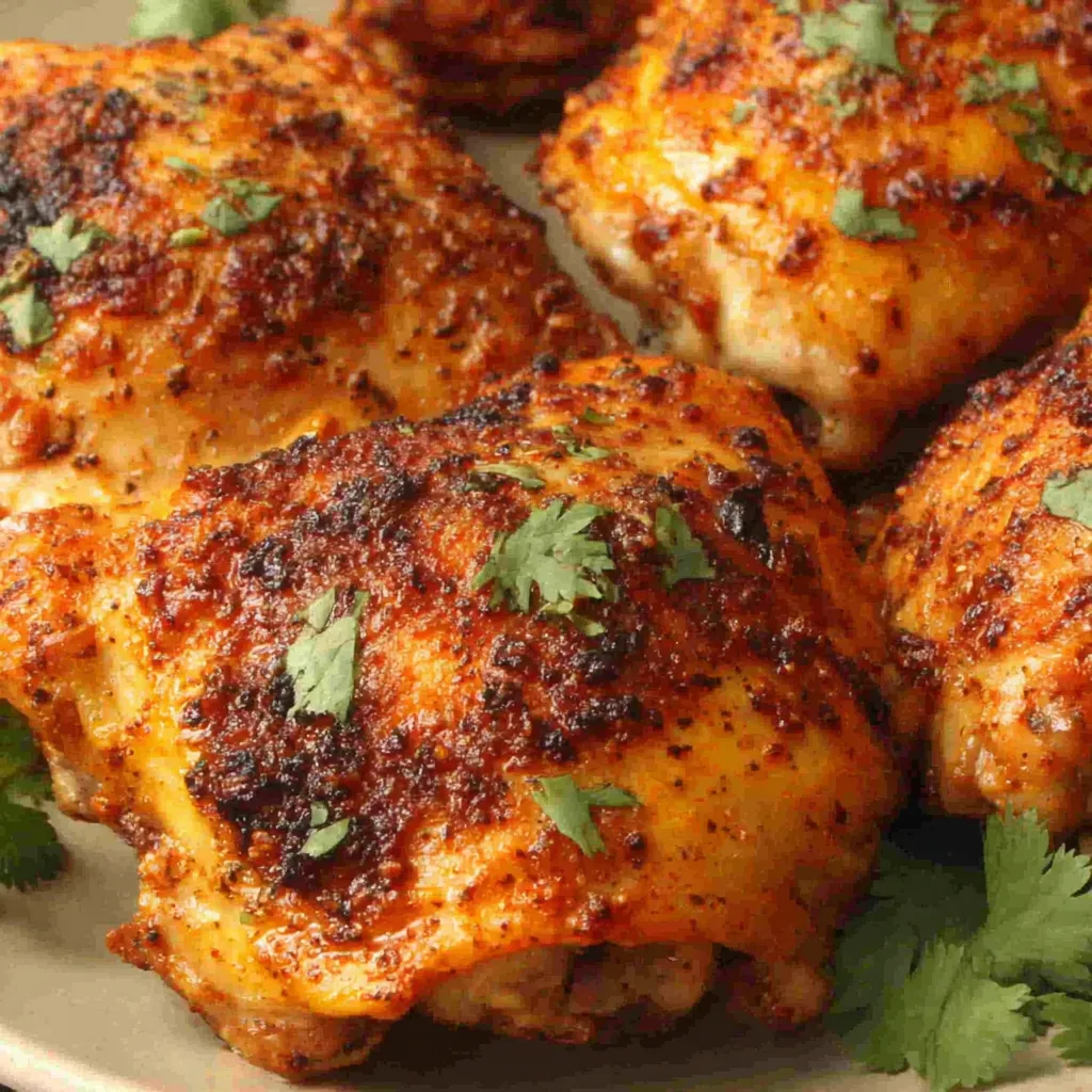 Perfectly browned Roasted Chicken Thighs are pictured as part of a mouthwatering meal.