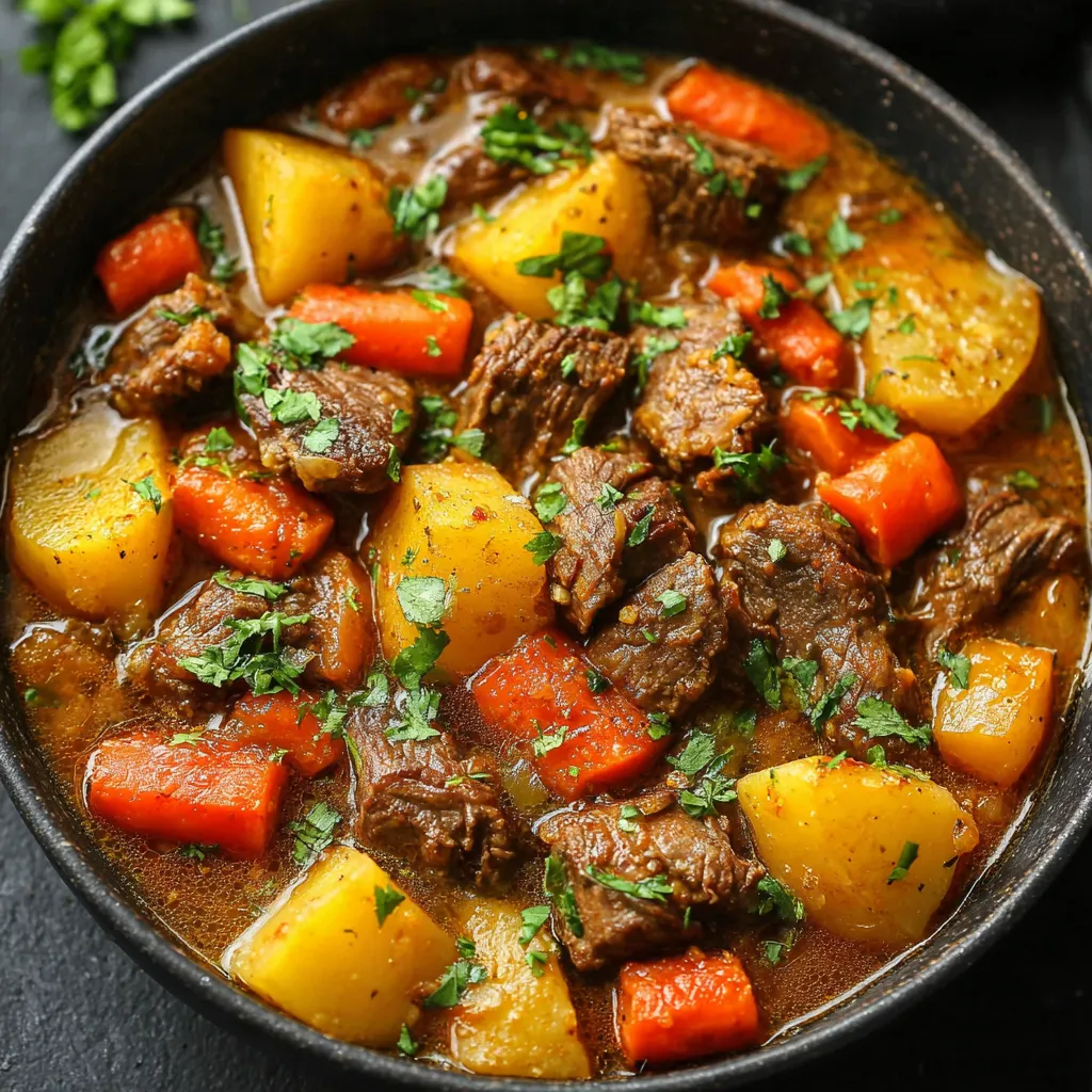 Hearty Homemade Beef Stew Recipe Close-up showcasing the rich, savory broth and tender chunks of beef in a hearty bowl of Beef Stew.