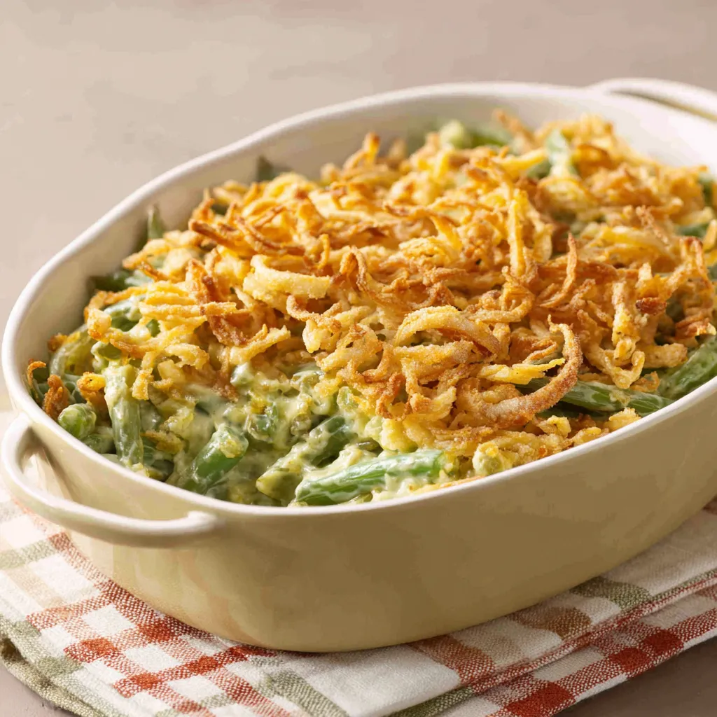 Southern Green Bean Casserole Recipe A close-up shot showcases a freshly baked Southern Green Bean Casserole with a golden-brown topping, ready to be served.