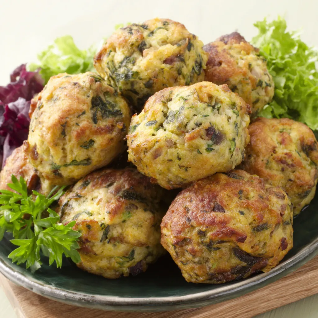 Thanksgiving Stuffing Balls Recipe Close-up of golden brown Thanksgiving Stuffing Balls, showcasing their crispy exterior.