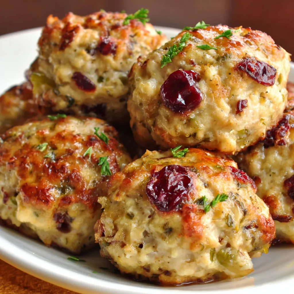 A close-up shot showcasing the golden-brown texture and delicious appearance of freshly baked Turkey Stuffing Balls.