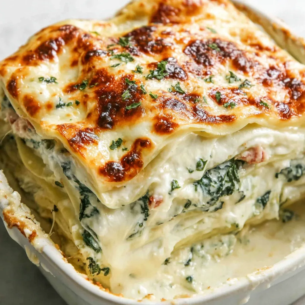 Creamy White Lasagna Recipe Close-up of a creamy White Lasagna, showcasing its layers of pasta, cheese, and sauce in an article about this comforting dish.
