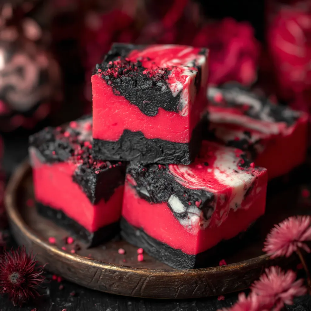 Close-up showing the rich, dark texture of homemade Blood Velvet Fudge.