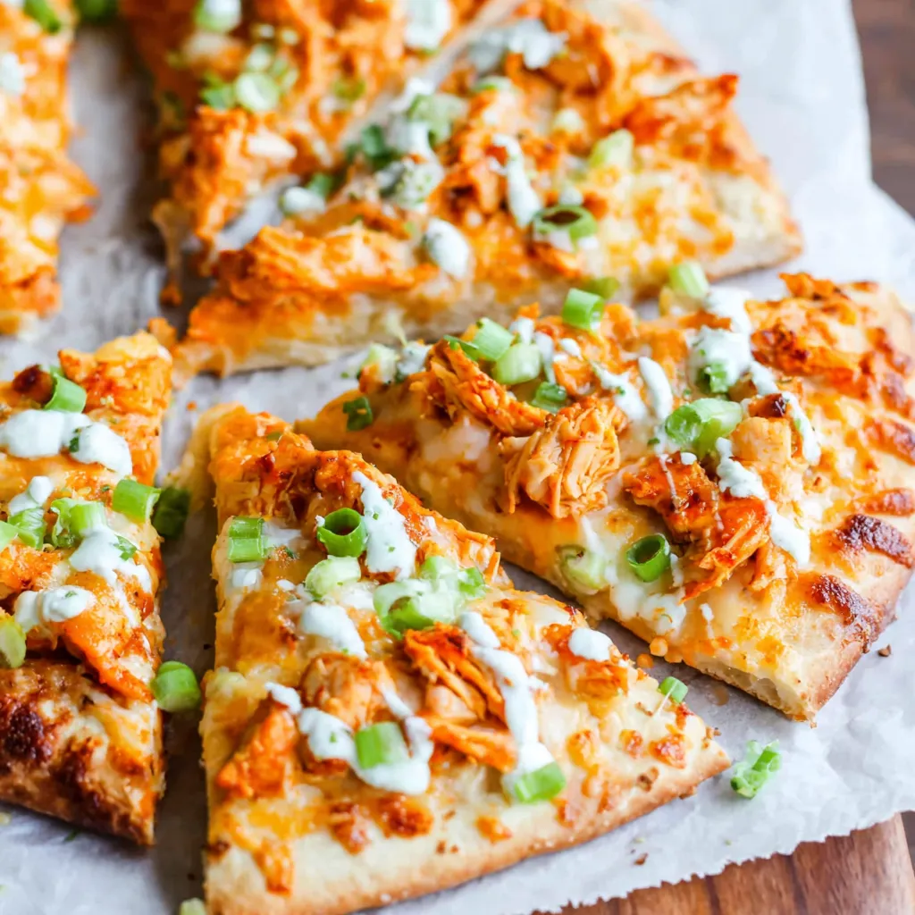 Close-up shot of a freshly baked Buffalo Chicken Flatbread with melted cheese, juicy chicken, and a drizzle of buffalo sauce.
