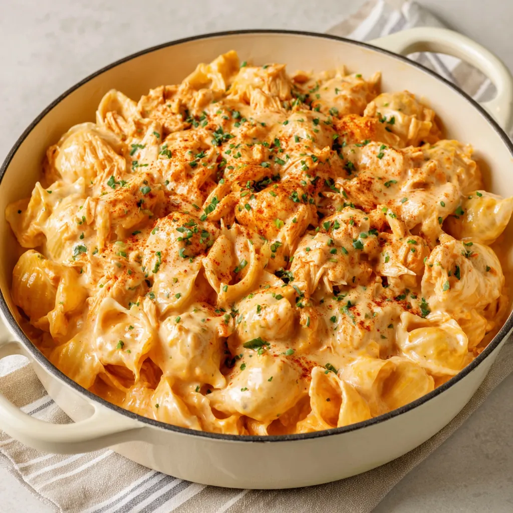 Creamy Buffalo Chicken Mac And Cheese with a cheesy topping, ready to be served.