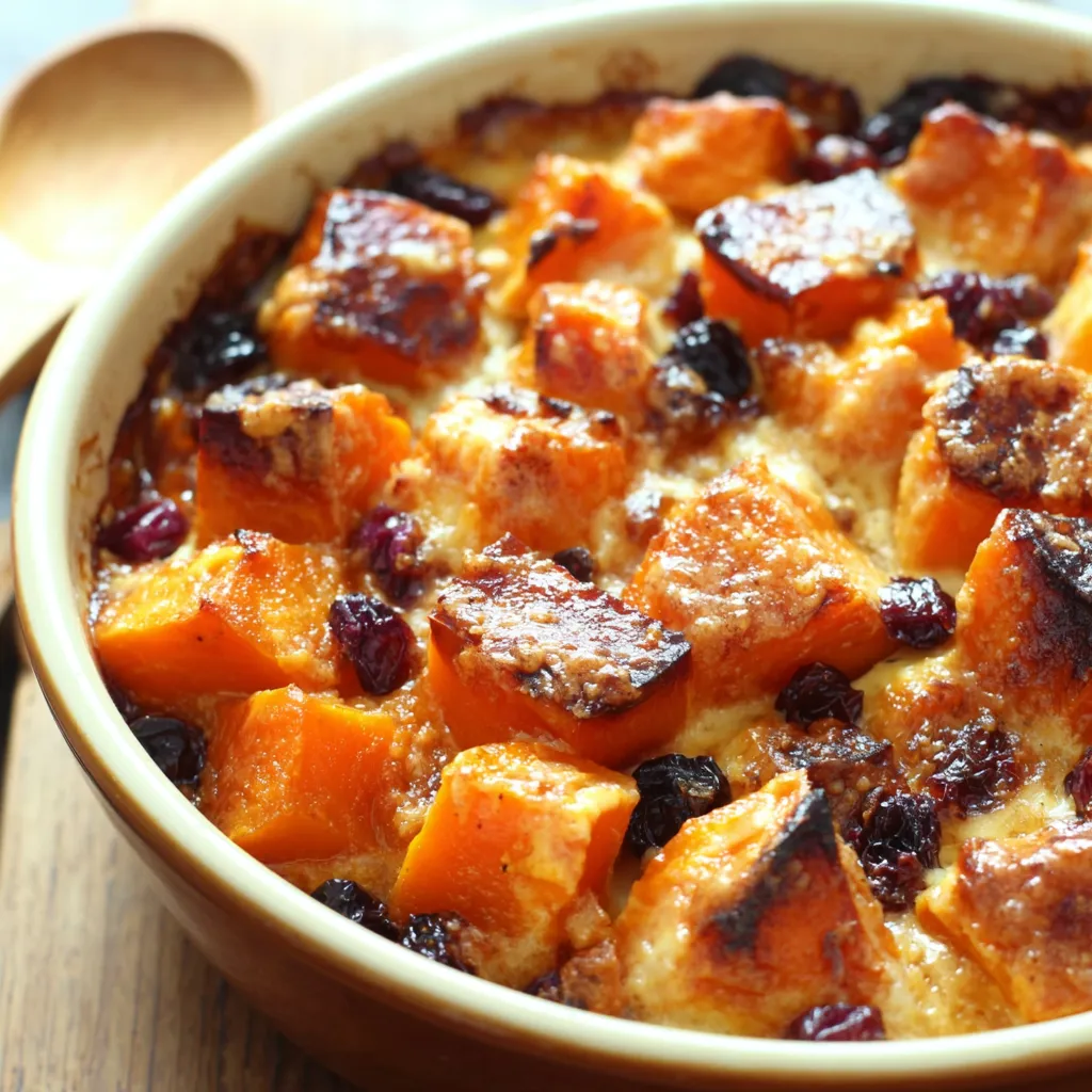 Close-up of a freshly baked Butternut Apple Bake, showing the golden-brown top and visible layers of squash and apples.