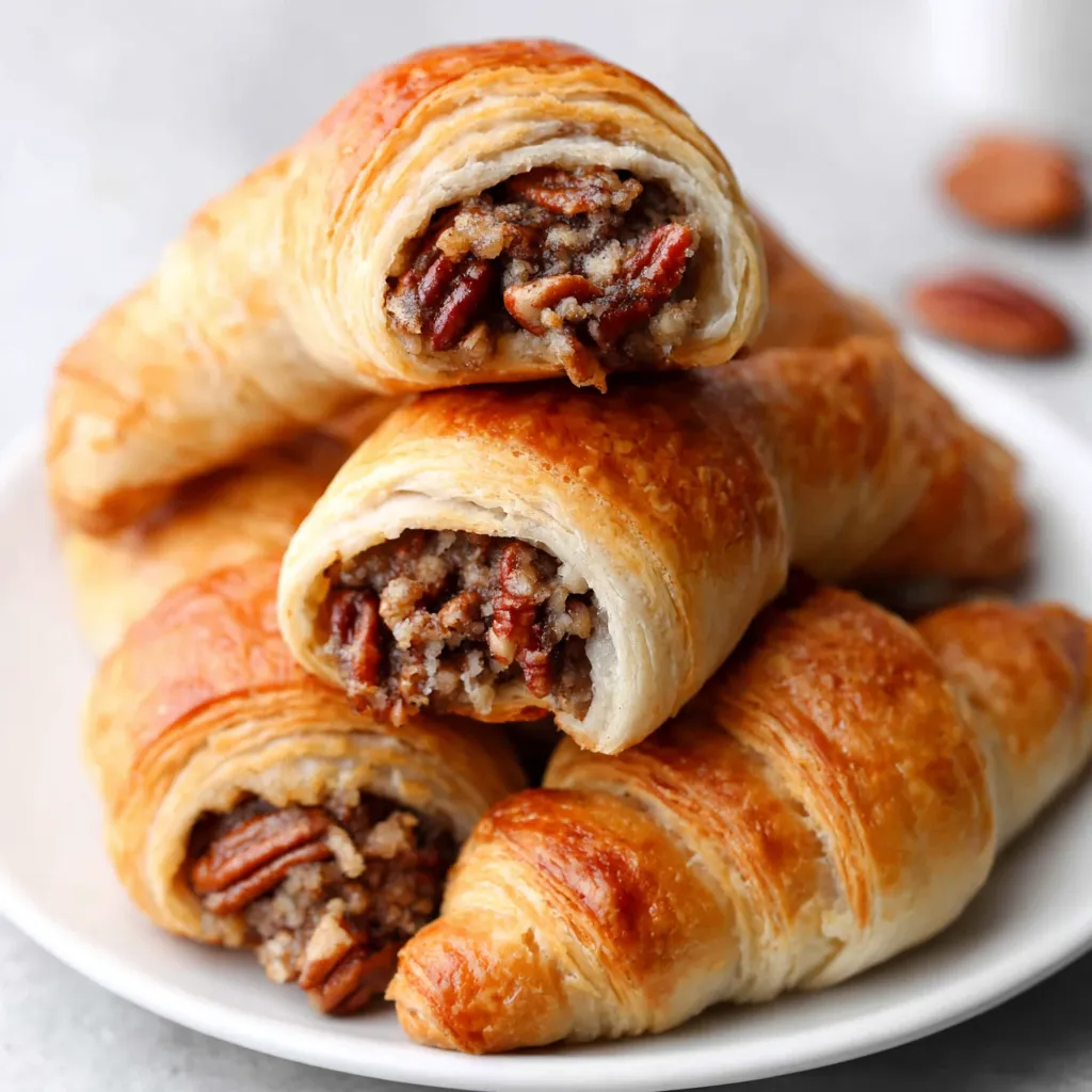 Buttery Pecan Crescent Rolls Recipe Close-up of golden brown Buttery Pecan Crescent Rolls on a baking sheet, showcasing their flaky layers and pecan topping.