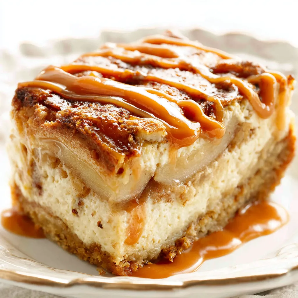 Close-up view of delicious Caramel Apple Cheesecake Bars, showcasing their creamy cheesecake layer and caramel apple topping.