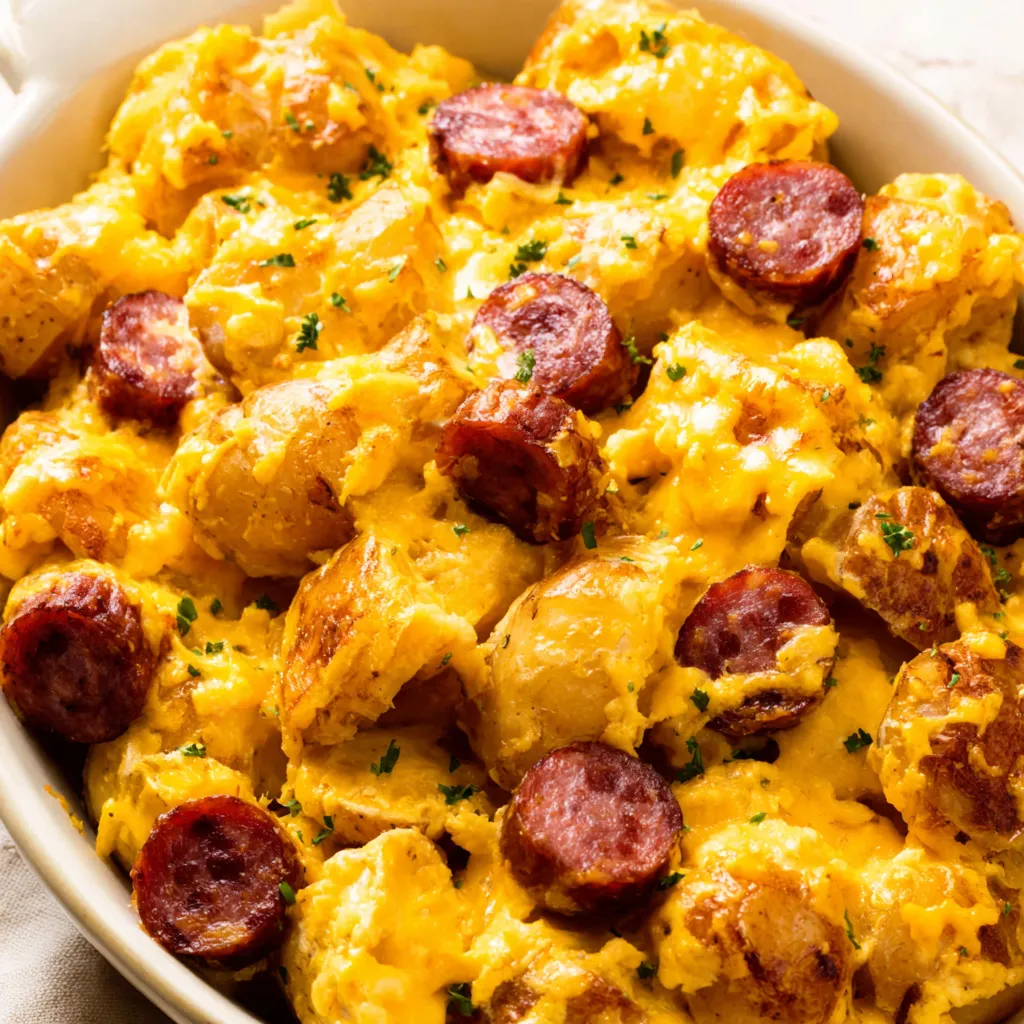 Cheesy Ranch Potatoes with Sausage Recipe Close-up showing a serving of creamy Cheesy Ranch Potatoes with Smoked Sausage, highlighting the melted cheese and sausage pieces.