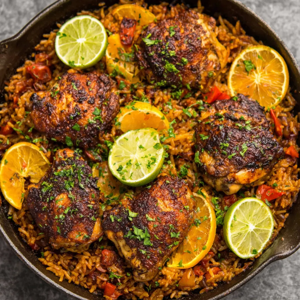 Chicken and Rice Recipe Close Up Close-up shot showcasing a flavorful serving of Chicken And Rice, highlighting the tender chicken and perfectly cooked rice.