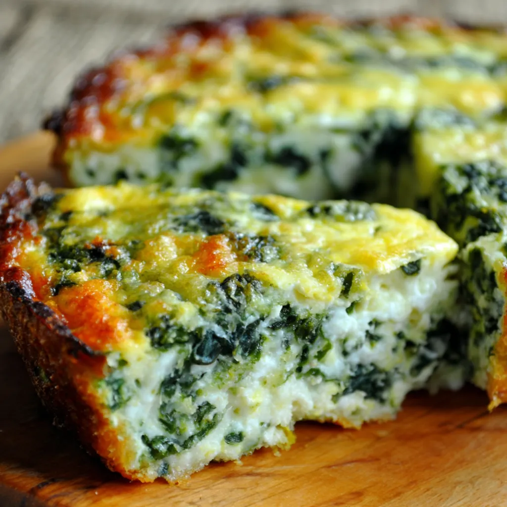 A close-up shot shows a slice of freshly baked Cottage Cheese Spinach Quiche with a golden-brown crust, highlighting the creamy filling and vibrant green spinach.